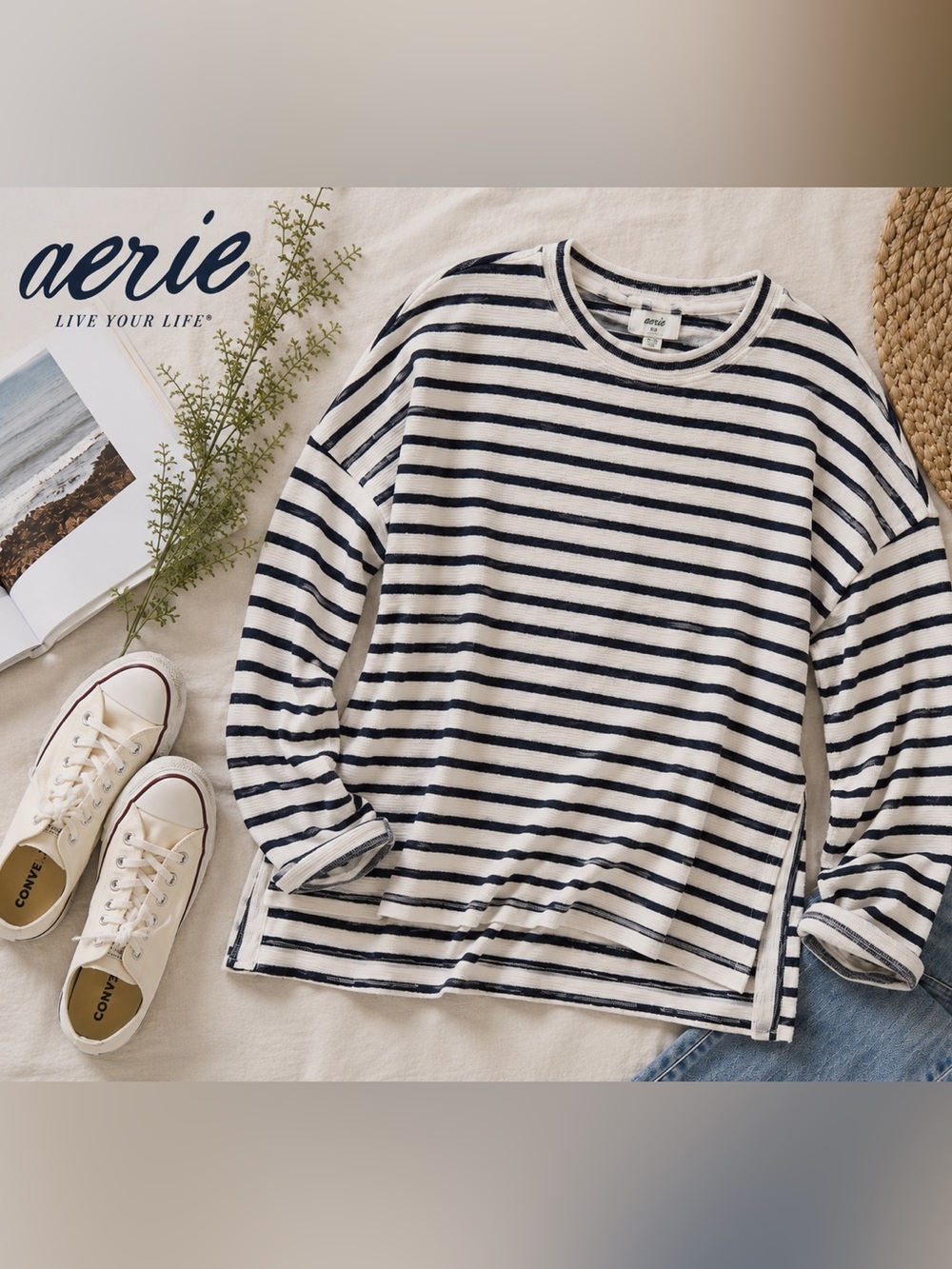 Aerie Ivory Navy Striped Terry Cloth Pullover Medium Coastal Beach Sweatshirt
